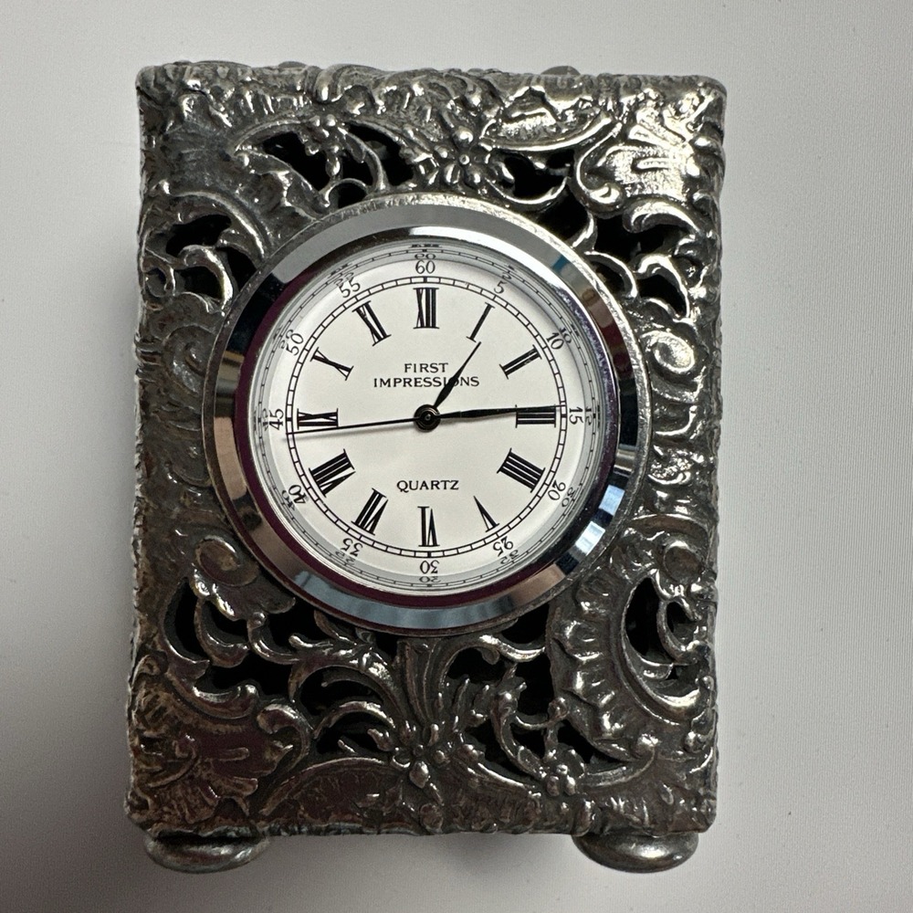 Vintage First Impressions Mini Carriage Clock Silver Plate Ornate English Decor